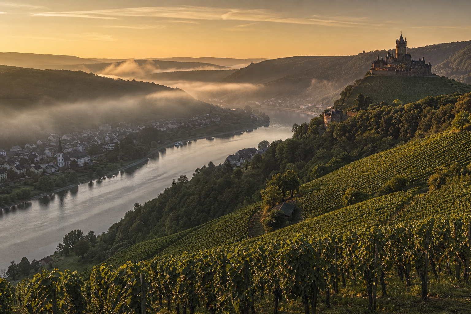 Weinberge und Burgen im Rheintal bei Sonnenuntergang