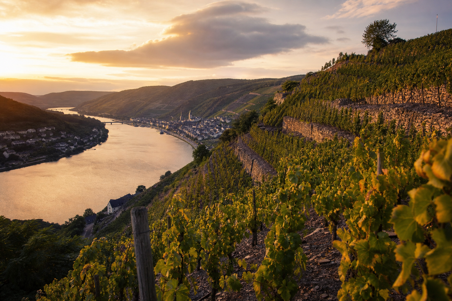 Steile Weinberge entlang der Mosel im Abendlicht