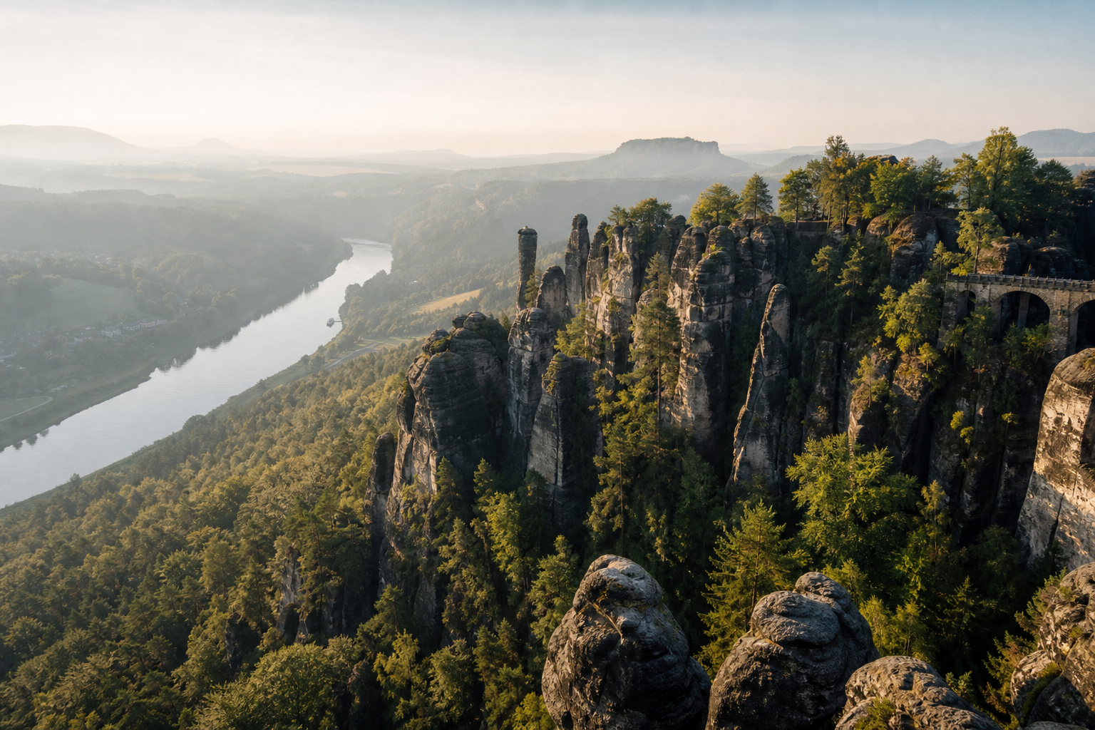 Felsformationen der Sächsischen Schweiz über der Elbe