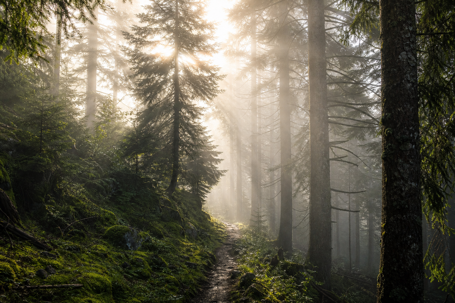 Wanderweg durch dichten Schwarzwald mit Lichtstrahlen